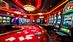 Experience Okfun in a luxurious casino with poker tables and a roulette wheel inviting fun.