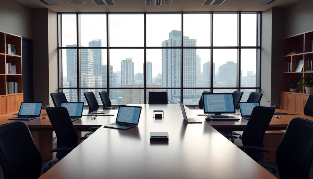 Managed IT for Law Firms Tampa showcased in a professional office setting with modern technology and city skyline.