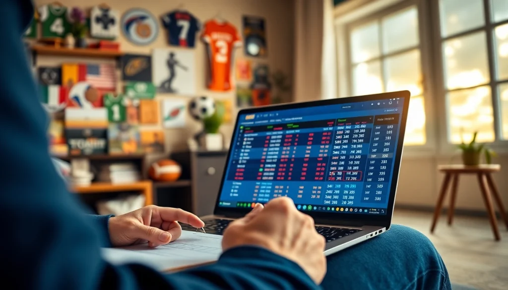 Engaging in best sports betting sites in Brazil with a laptop and sports memorabilia.