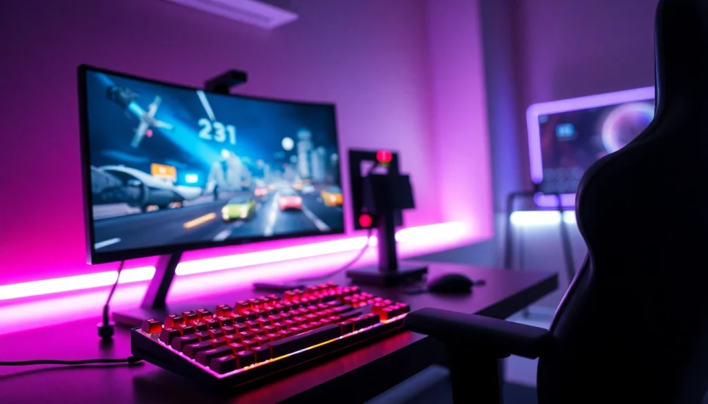 Engage with 79king, a dynamic gaming setup with vibrant RGB lighting and sleek equipment.