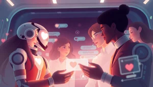 Visual representation of sex AI showcasing AI chatbots and human avatars in intimate conversation.