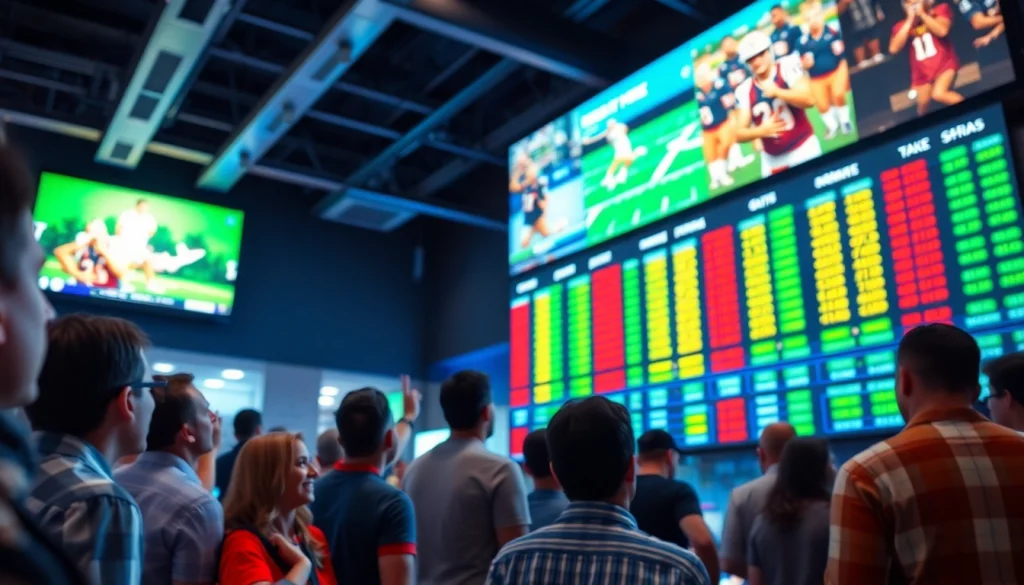 Engaged players analyzing sports betting sites Texas options at a vibrant betting venue.