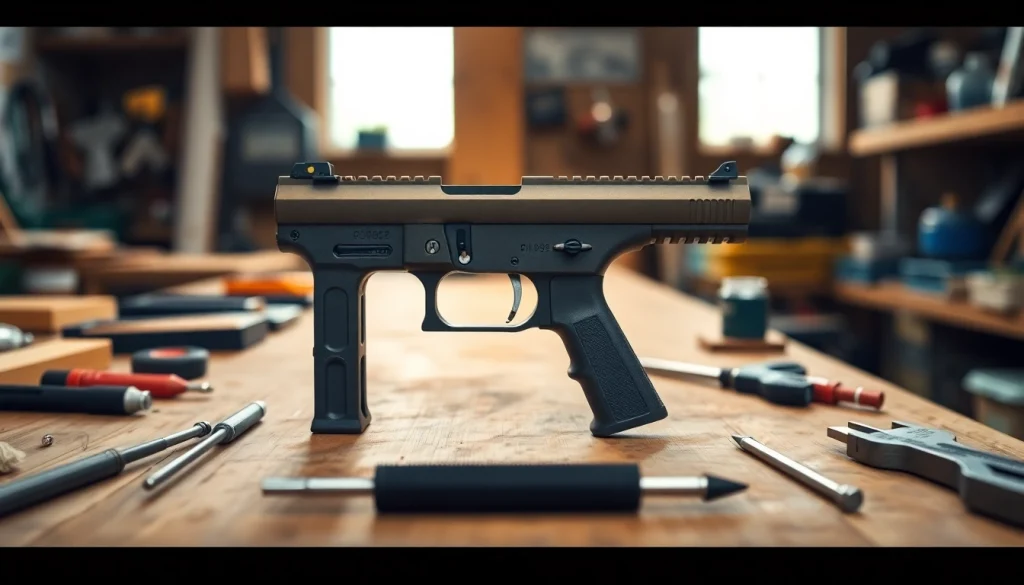 Showcasing the polymer80 pf940c 80% pistol frame kit alongside essential assembly tools.