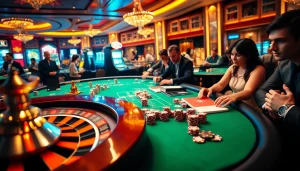 A lively casino environment featuring a roulette table, players engaged in card games, and elements of 상품권신용카드 highlighting the excitement of gambling.