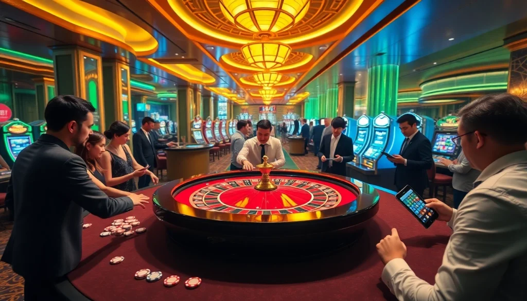 No hu players enjoying a modern casino scene with roulette, poker chips, and vibrant lights.