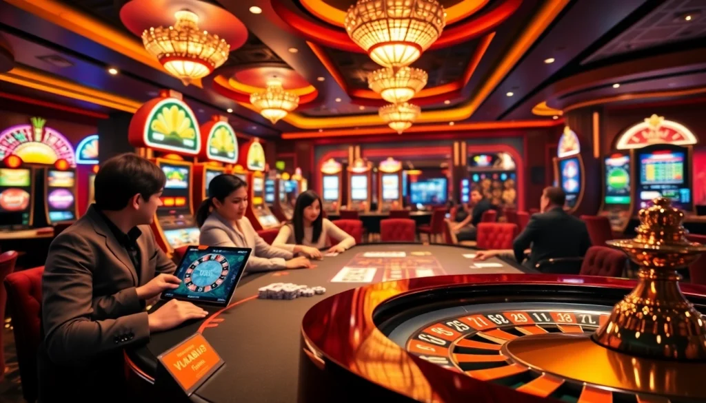 Vuabai9 casino scene capturing excitement with players at a vibrant gaming table.
