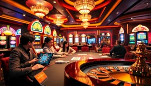 Vuabai9 casino scene capturing excitement with players at a vibrant gaming table.