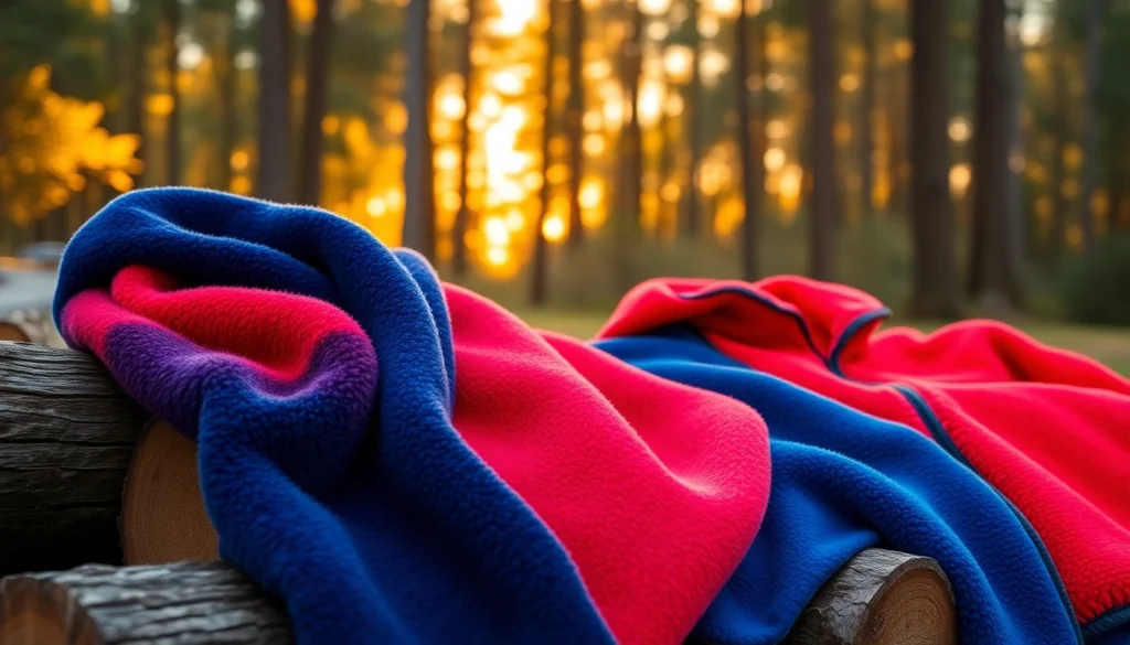 Fleece stof in verschillende texturen en kleuren, gehangen in een mooie bosomgeving.