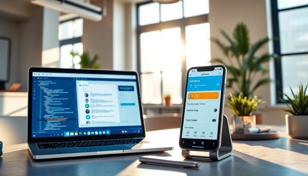 HelloWorld software interface on desktop and mobile devices in a modern workspace, showcasing innovative design and seamless connectivity.