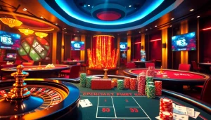 Experience thrilling online gambling with www.indibet, showcasing a vibrant casino atmosphere featuring roulette and poker games.