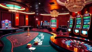 Exciting gaming scene with Fun88 link featured prominently among vibrant casino tables and slots.
