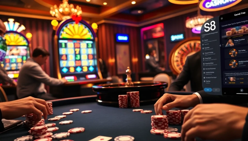 S8 casino scene with poker table and engaging players, vibrant chips and cards.