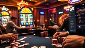 S8 casino scene with poker table and engaging players, vibrant chips and cards.