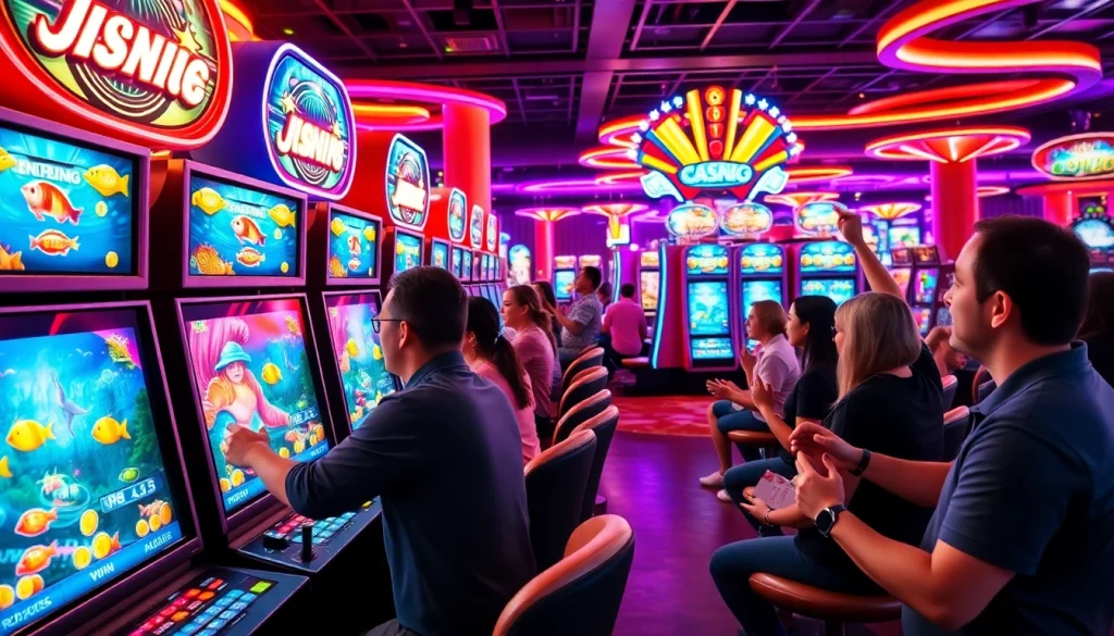 Engaging players in the exciting game bắn cá đổi thưởng with vibrant screens and lively atmosphere.