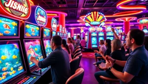 Engaging players in the exciting game bắn cá đổi thưởng with vibrant screens and lively atmosphere.