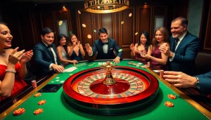 THABET casino scene with a roulette wheel and enthusiastic players enjoying their gaming experience.