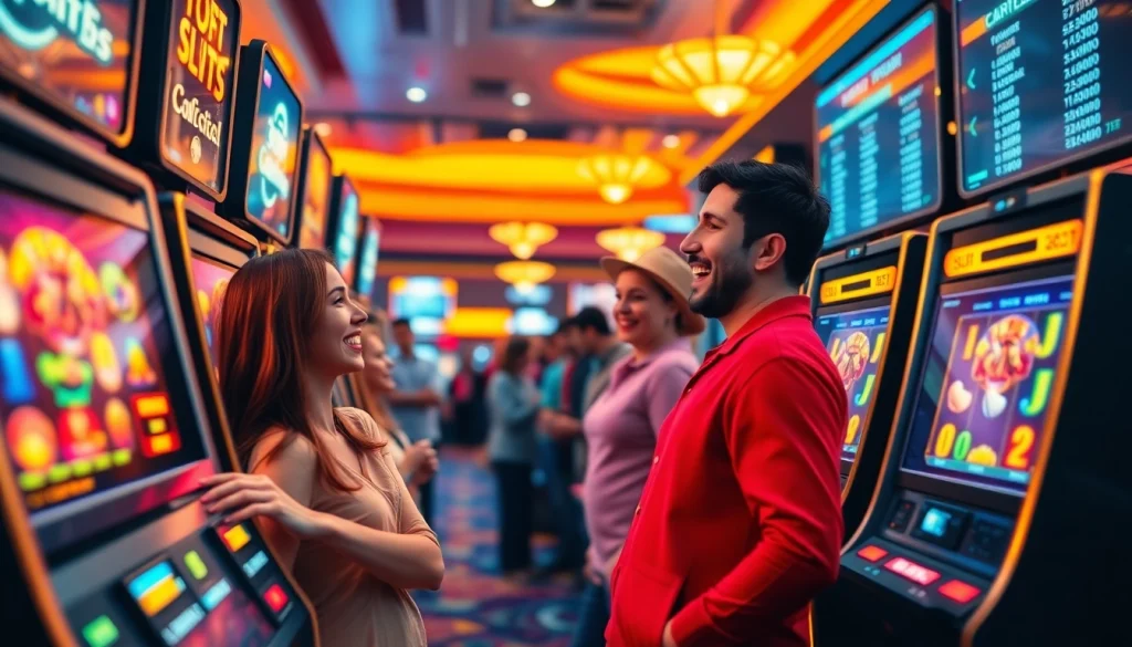 Engaging scene of players enjoying Kode4d slot games in a lively online casino atmosphere.