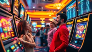 Engaging scene of players enjoying Kode4d slot games in a lively online casino atmosphere.