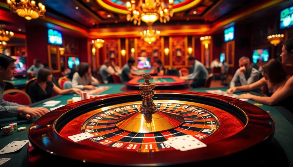 Experience the excitement of daga8 at a luxurious casino with vibrant gaming tables and roulette wheels.