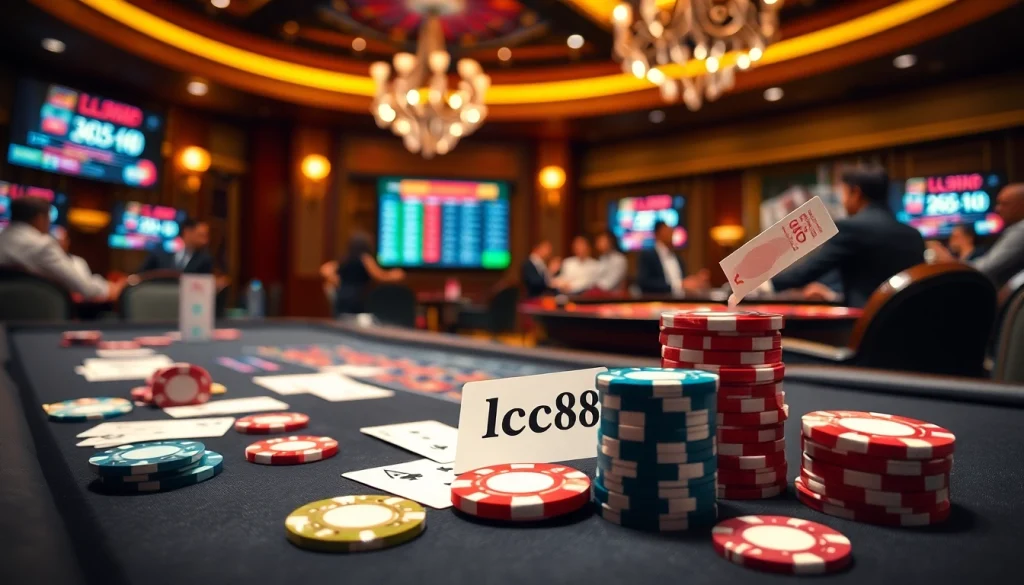 Engaging casino scene with lc88 branded betting slips and players at a poker table.