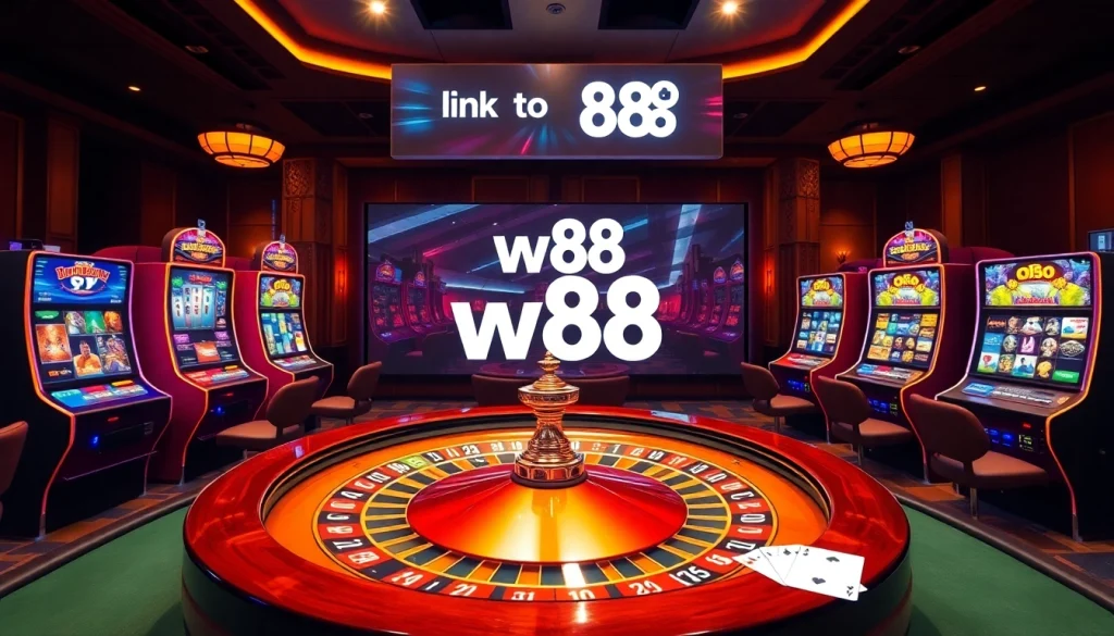 Experience an exciting online game with link to w88 and vibrant casino elements in the background.