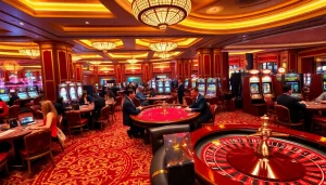 Engage with https://thabet.vegas/ in a vibrant casino scene featuring poker tables and slot machines.