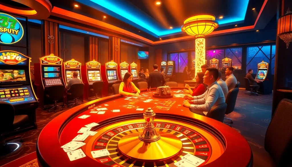 Exciting gaming action at lc88 casino featuring poker, slots, and roulette.