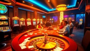 Exciting gaming action at lc88 casino featuring poker, slots, and roulette.