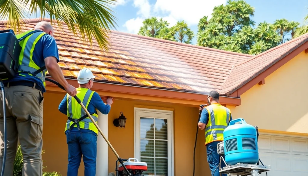 Roof cleaning in Kissimmee, FL by professionals showcasing effective pressure washing techniques.