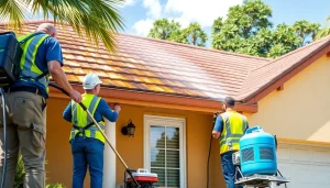 Roof cleaning in Kissimmee, FL by professionals showcasing effective pressure washing techniques.