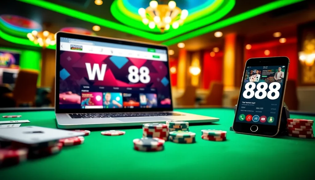 Experience the excitement of betting with the W88 link displayed on a stylish gaming setup.