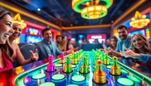 Mainkan situs plinko dengan papan berwarna-warni dan pemain yang bersemangat.