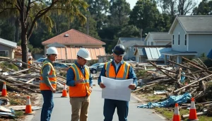 Assessing Florida Hurricane Damage in a residential area with restoration crews amid debris.