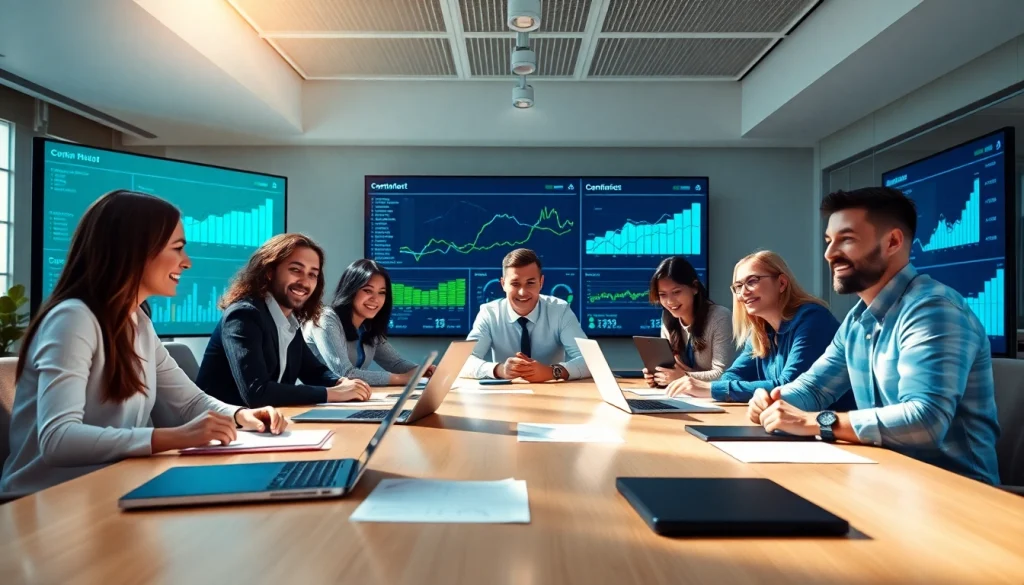 Team discussing Contract Management in a collaborative workspace with digital displays.