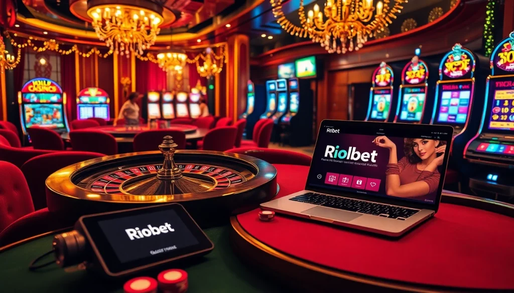 Experience the excitement of riobet with vibrant casino tables, flashing slot machines, and online gaming.
