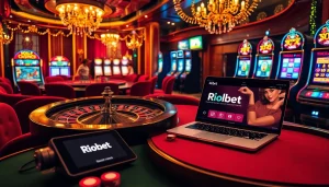 Experience the excitement of riobet with vibrant casino tables, flashing slot machines, and online gaming.