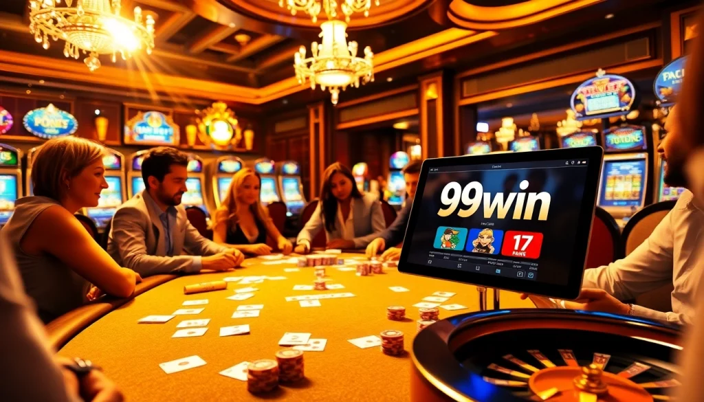 Players enjoying an exciting game at a casino table with vibrant chips and cards at 99win.