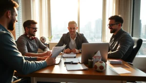 Engaging scene of sports betting sites Georgia, showcasing a modern home office with excited gamblers.