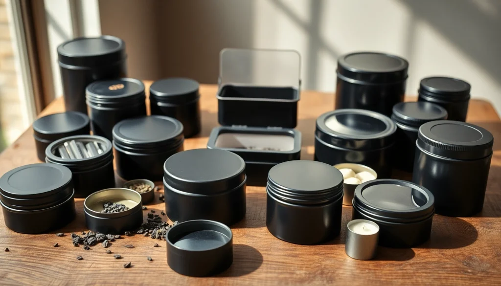 Black tins displayed on a wooden table, showcasing versatility and elegant design.