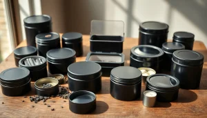 Black tins displayed on a wooden table, showcasing versatility and elegant design.