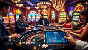 A vibrant casino scene with players betting at a roulette table and slot machines, showcasing the excitement of rr88.com.