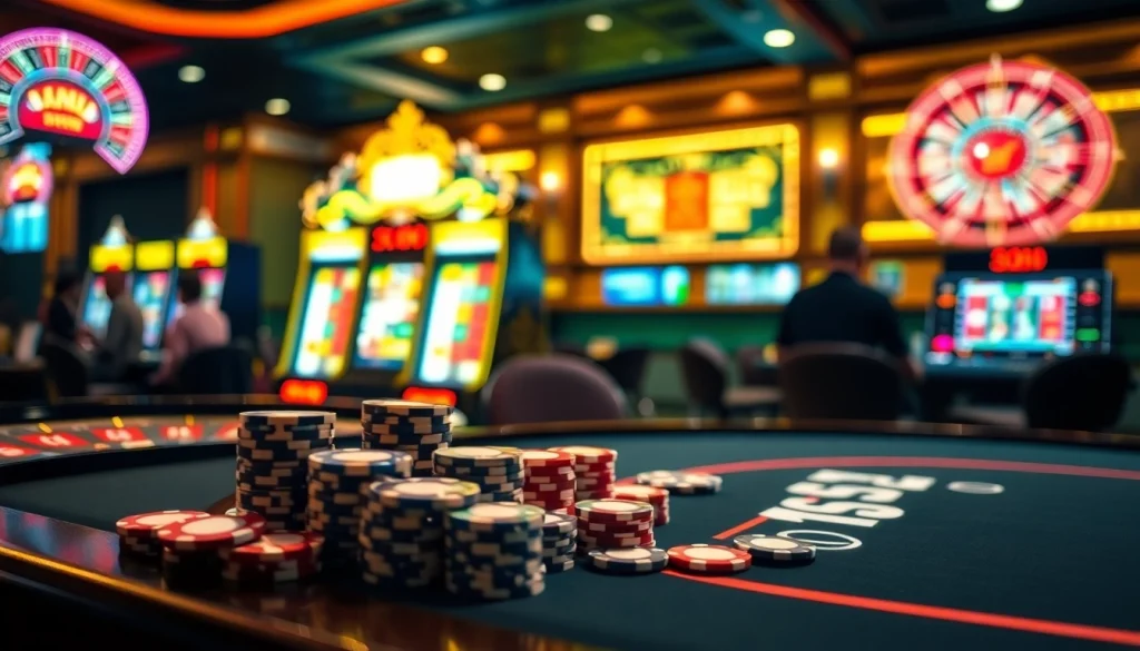 Players enjoying a vibrant game at tg88.com casino, with chips, cards, and a roulette wheel.