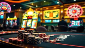 Players enjoying a vibrant game at tg88.com casino, with chips, cards, and a roulette wheel.