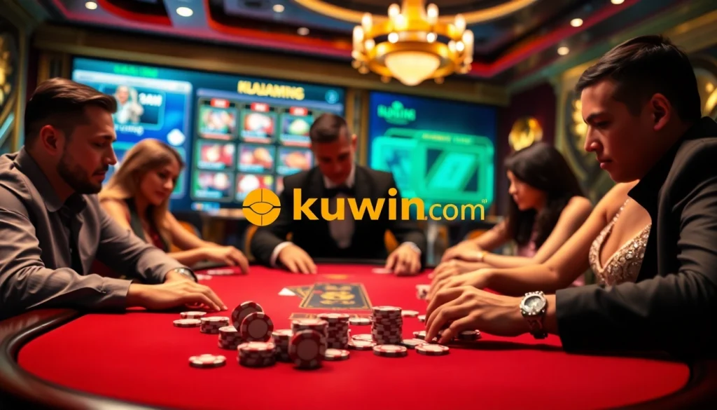 Players enjoying a high-stakes game at kuwin com casino with vibrant chips and cards.