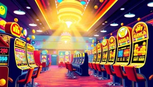 Menampilkan slot machines dan elemen permainan walettoto yang penuh warna dan menarik.