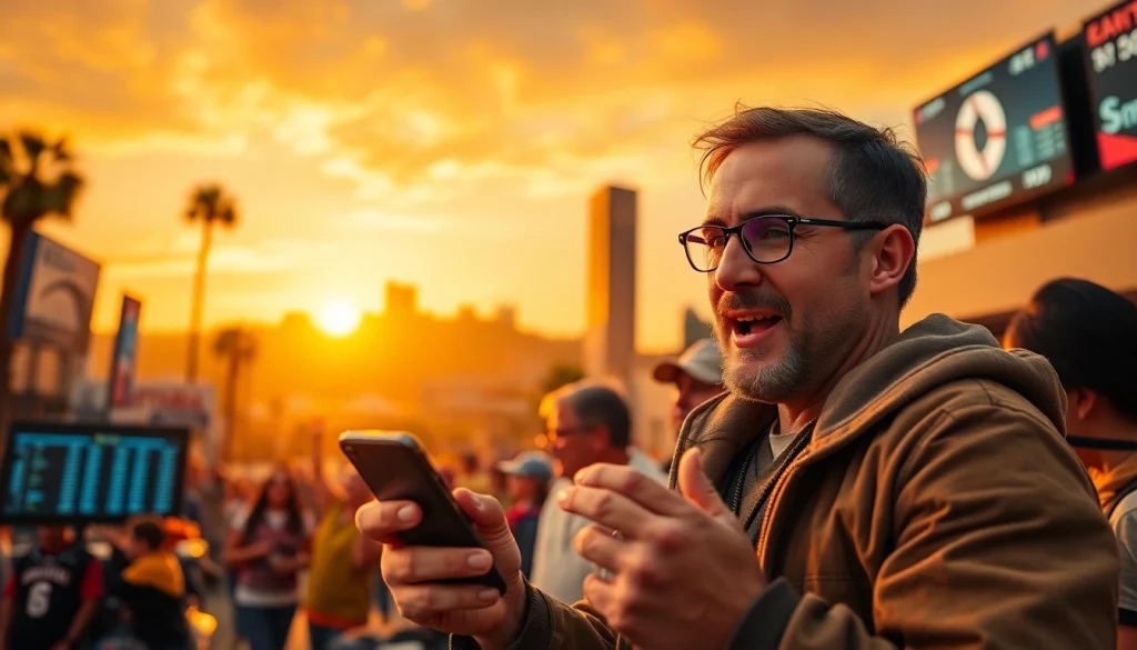 Explore top sports betting sites California with an enthusiastic fan checking live odds.