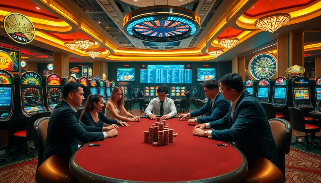 Visualize a bustling casino floor depicting gamblers engaged in action, highlighting giải mã nhà cái strategies on a poker table.