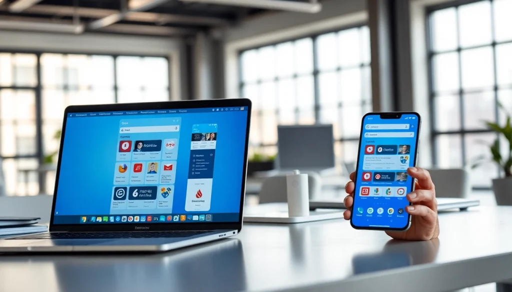 Sogou浏览器 interface displayed on desktop and mobile devices in a modern workspace.
