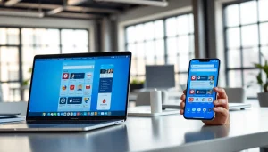 Sogou浏览器 interface displayed on desktop and mobile devices in a modern workspace.