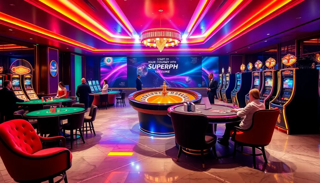 Start your journey with SuperPH in a luxurious casino environment featuring vibrant roulette wheels and poker tables.